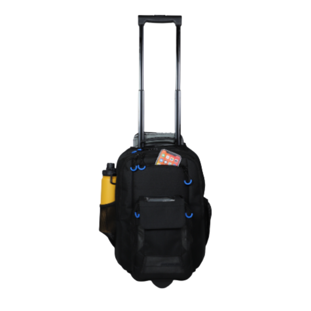 The OxyGo Traveller Rolling Backpack For NEXT Portable Oxygen Concentrators has an extended handle, a yellow water bottle holder, and a red smartphone in the front pocket—ideal for carrying your oxygen concentrator on the go.